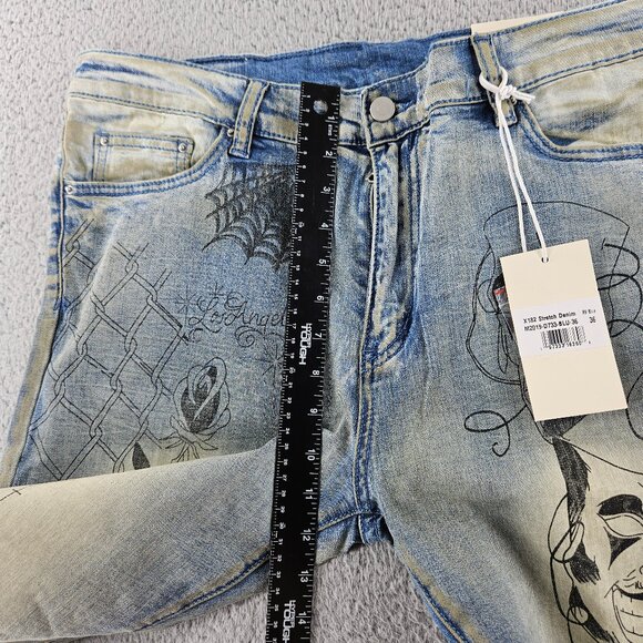mnml X182 Stretch Denim Jeans Mens 36 Blue Los Angeles Graphic Distressed Slim - Picture 9 of 16